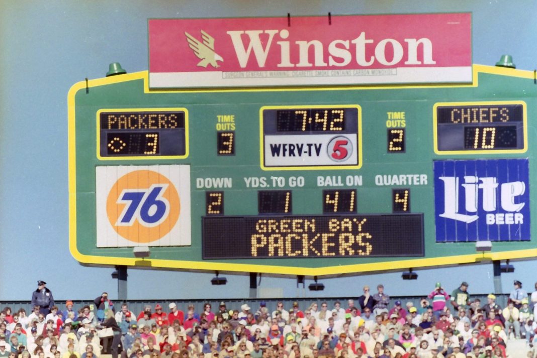 The scoreboard featuring a Winston cigarettes logo during a game against the Kansas City Chiefs on Sept. 23, 1990 at Lambeau Field in Green Bay, Wis.