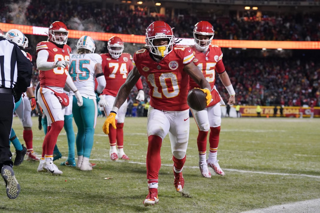 Kansas City Chiefs running back Isiah Pacheco celebrates his touchdown scored against the Miami Dolphins.