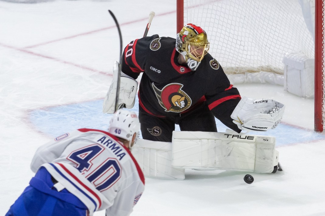 ontreal Canadiens right wing Joel Armia (40) shoots on Ottawa Senators goalie Joonas Korpisalo (70) in the third period at the Canadian Tire Centre