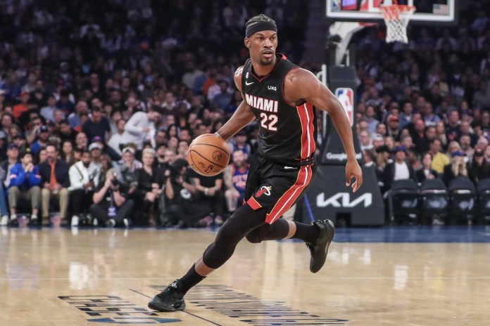 Miami Heat forward Jimmy Butler drives to the basket against the New York Knicks during the 2023 NBA playoffs.