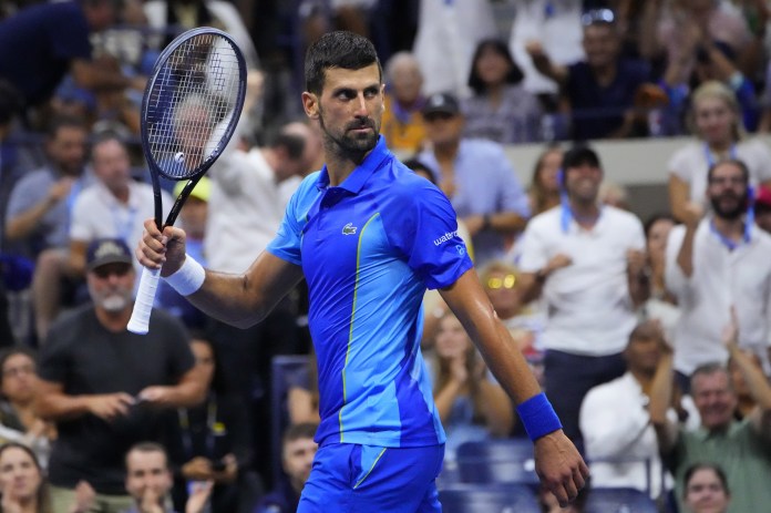 Novak Djokovic of Serbia reacts after winning the second set against Daniil Medvedev (not pictured) in the men's singles final on day fourteen of the 2023 U.S. Open tennis tournament at USTA Billie Jean King National Tennis Center.