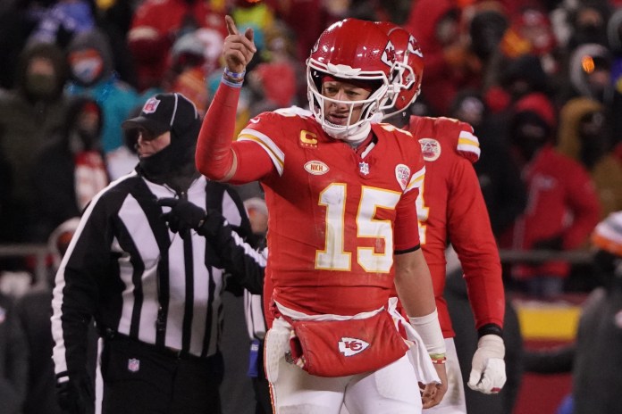 Kansas City Chiefs quarterback Patrick Mahomes reacts during the 2024 AFC wild card game.