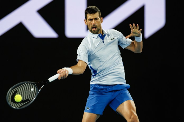 Novak Djokovic of Serbia hits a shot against Dino Prizmic of Croatia in the first round of the men’s singles.