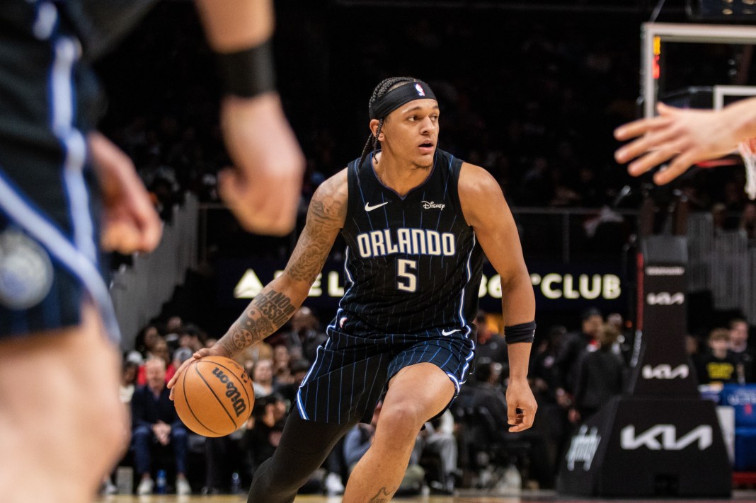 Orlando Magic forward Paolo Banchero looks for play against Atlanta Hawks during the first quarter at State Farm Arena.