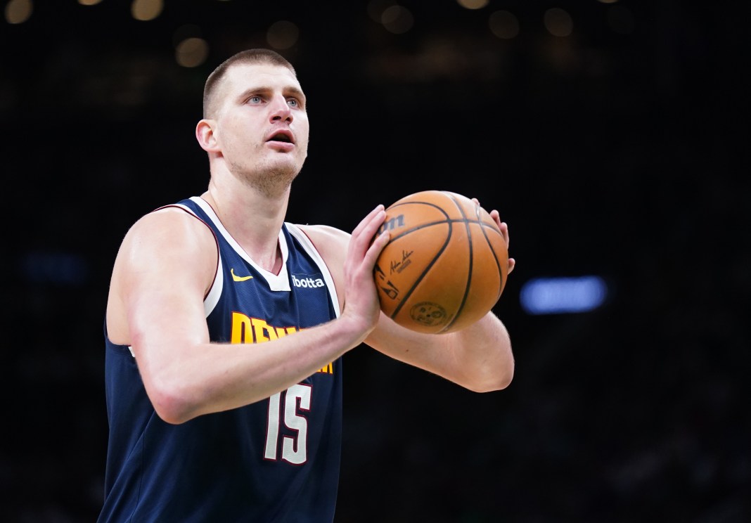 Denver Nuggets center Nikola Jokic shoots a free-throw against the Boston Celtics in the second quarter at TD Garden.