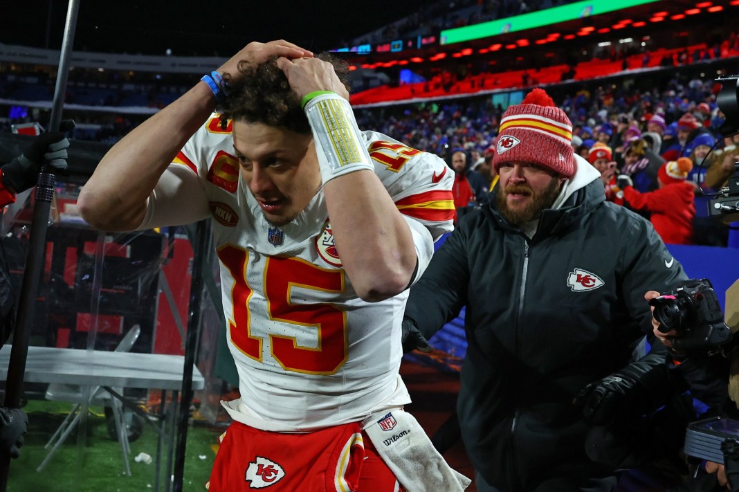 Kansas City Chiefs quarterback Patrick Mahomes (15) reacts after defeating the Bills in the 2024 AFC divisional round game at Highmark Stadium