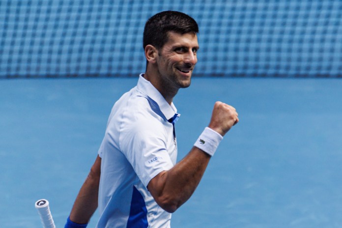 Novak Djokovic of Serbia Novak Djokovic Of Sevia celebrates against Jannik Skinner of Italy