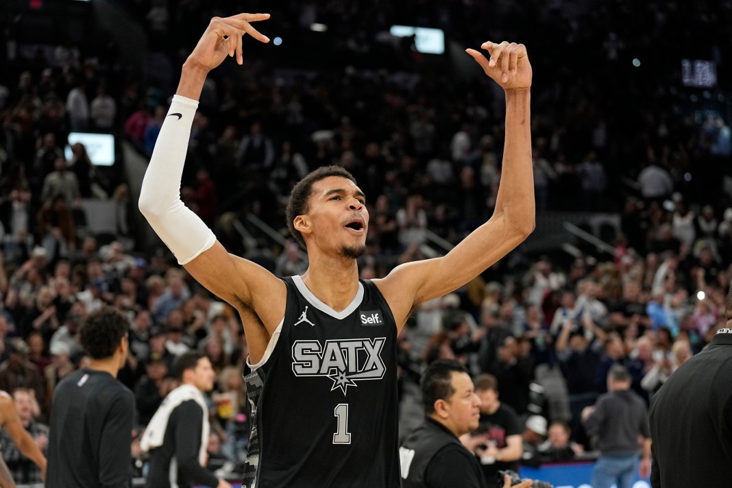 San Antonio Spurs forward Victor Wembanyama reacts after a victory over the Minnesota Timberwolves at Frost Bank Center.