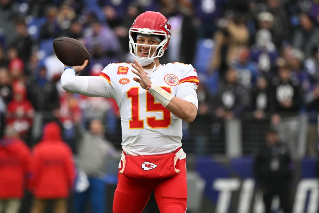 Kansas City Chiefs quarterback Patrick Mahomes warms up prior to the AFC Championship game against the Baltimore Ravens.