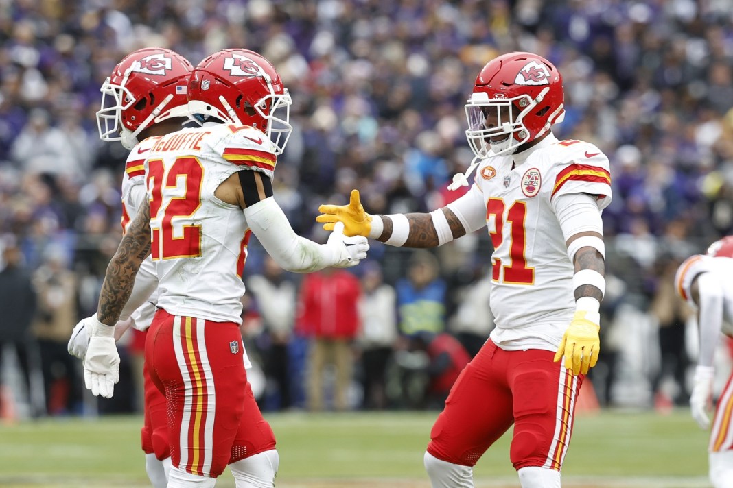 Chiefs safety Mike Edwards celebrates with cornerback Trent McDuffie in the AFC Championship against the Ravens.