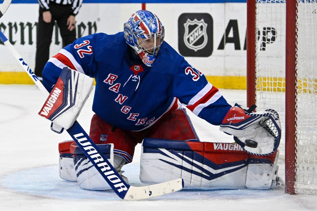 New York Rangers goaltender Jonathan Quick makes a save against the Colorado Avalanche during the third period at Madison Square Garden.