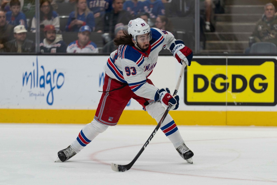 New York Rangers center Mika Zibanejad shoots the puck during the first period against the San Jose Sharks at SAP Center at San Jose.