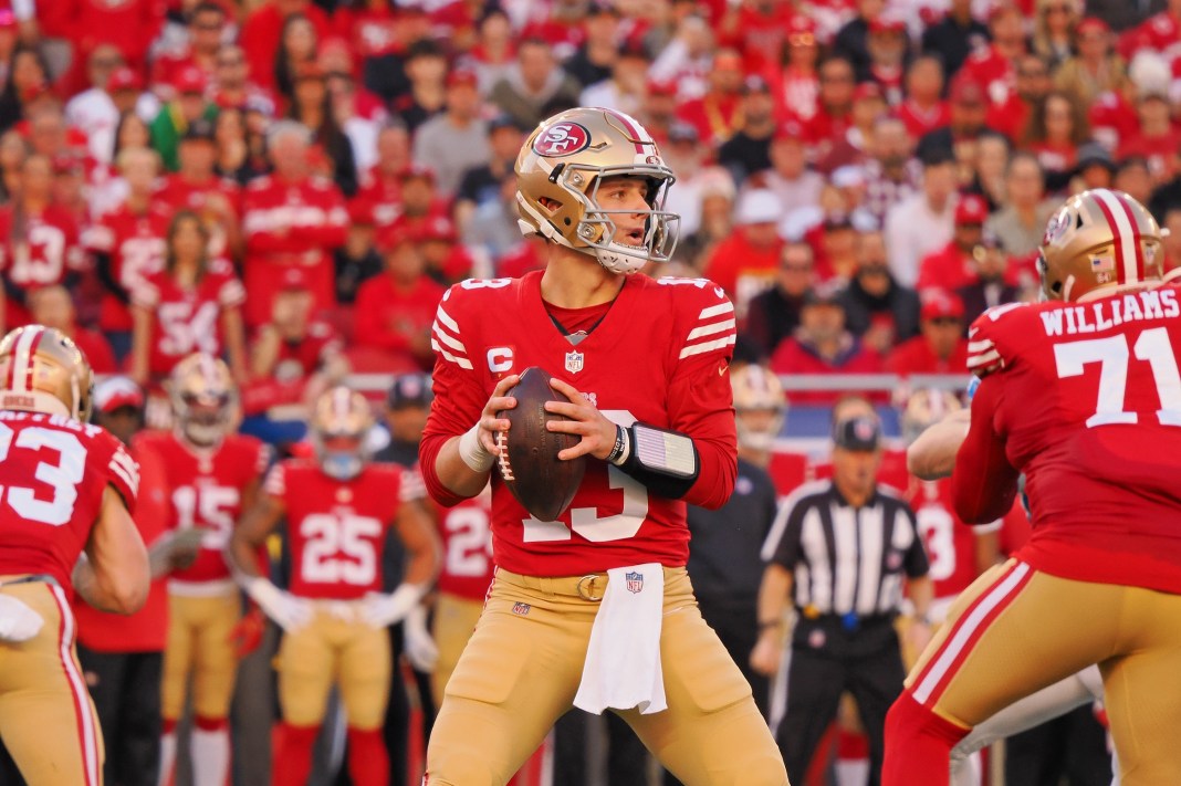 San Francisco 49ers quarterback Brock Purdy (13) looks to pass the ball against the Detroit Lions