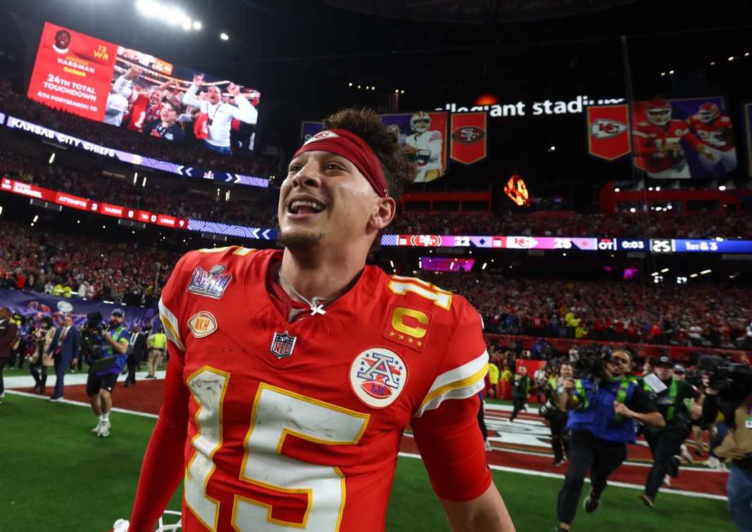 Kansas City Chiefs quarterback Patrick Mahomes (15) celebrates after defeating the San Francisco 49ers in Super Bowl LVIII at Allegiant Stadium