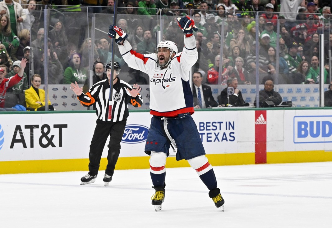 Washington Capitals left wing Alex Ovechkin (8) celebrates a goal during the game between the Dallas Stars and the Washington Capitals at the American Airlines Center