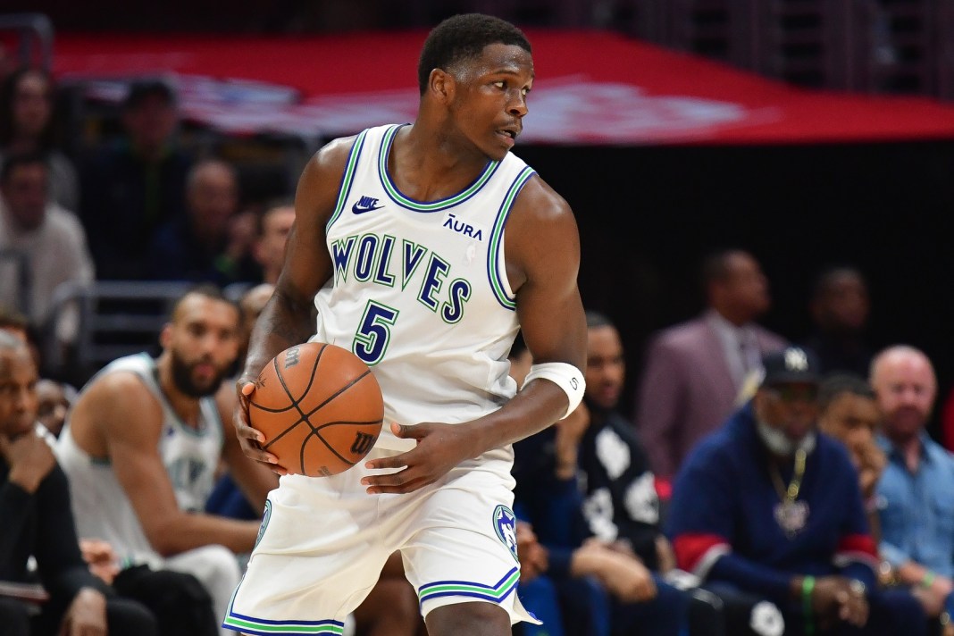 Minnesota Timberwolves guard Anthony Edwards controls the ball against the Los Angeles Clippers during the second half at Crypto.com Arena.