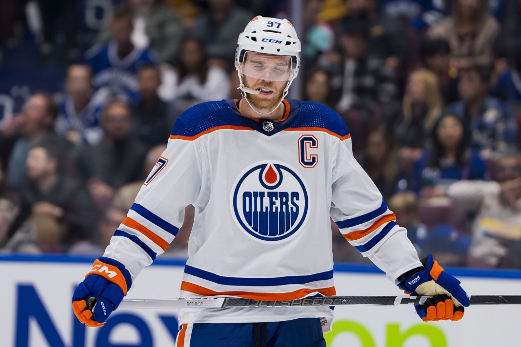 Edmonton Oilers forward Connor McDavid reacts to the a goal being scored against the Vancouver Canucks at Rogers Arena.