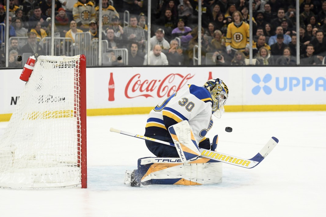 St. Louis Blues goaltender Joel Hofer makes a save during the first period against the Boston Bruins at TD Garden.