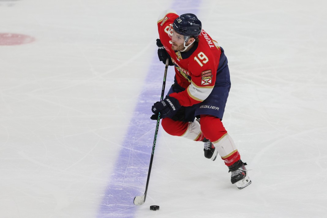 Florida Panthers left wing Matthew Tkachuk moves the puck against the Buffalo Sabres during the third period at Amerant Bank Arena.