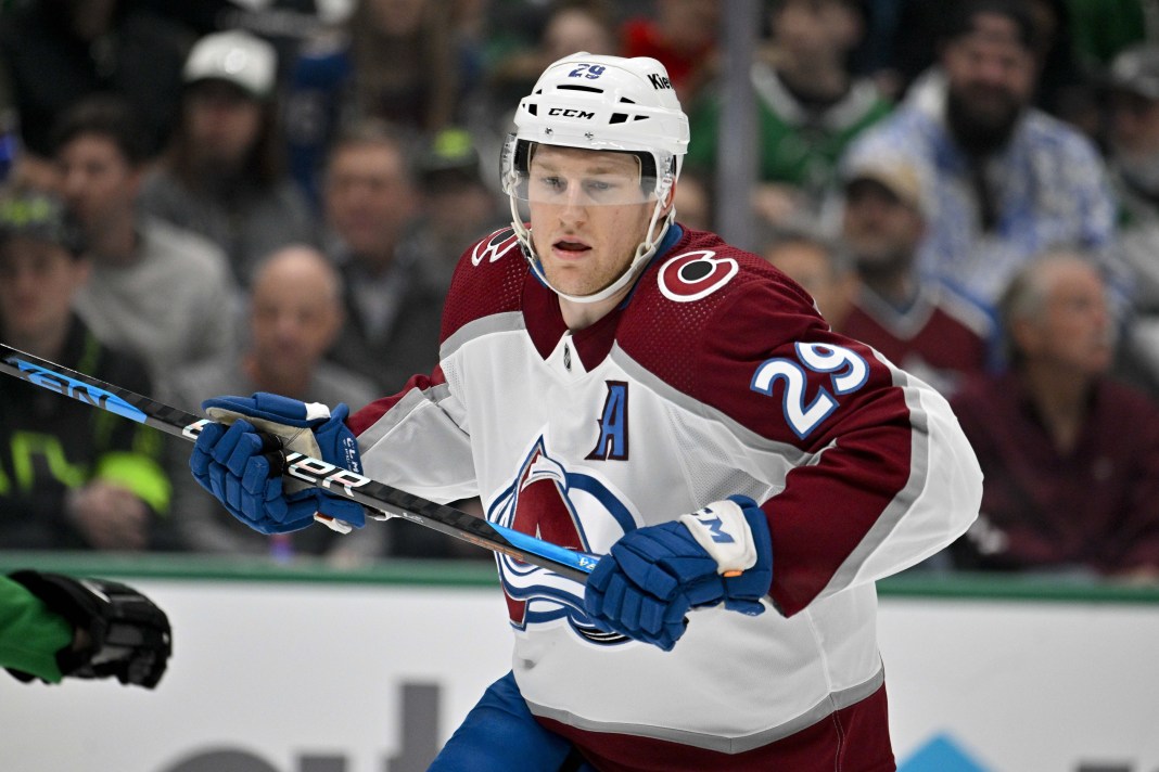 Colorado Avalanche center Nathan MacKinnon skates against the Dallas Stars during the first period at the American Airlines Center.