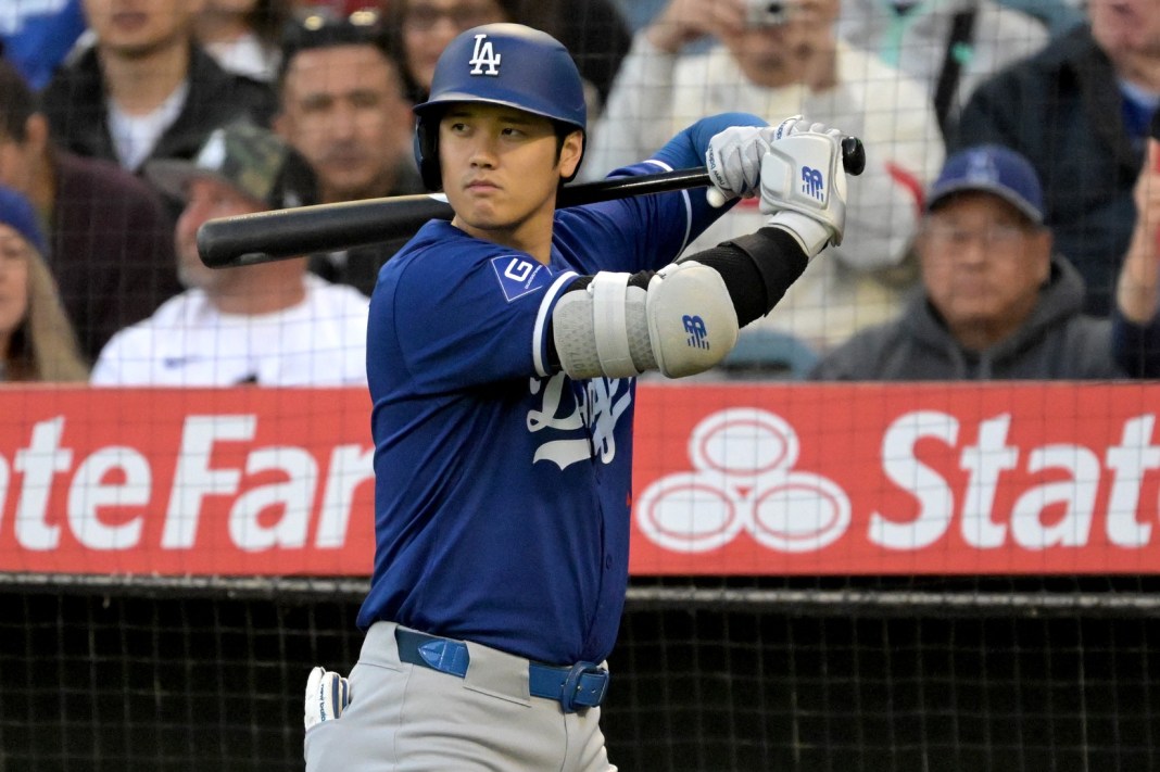 Los Angeles Dodgers star Shohei Ohtani waits for his turn to hit against the Los Angeles Angels.