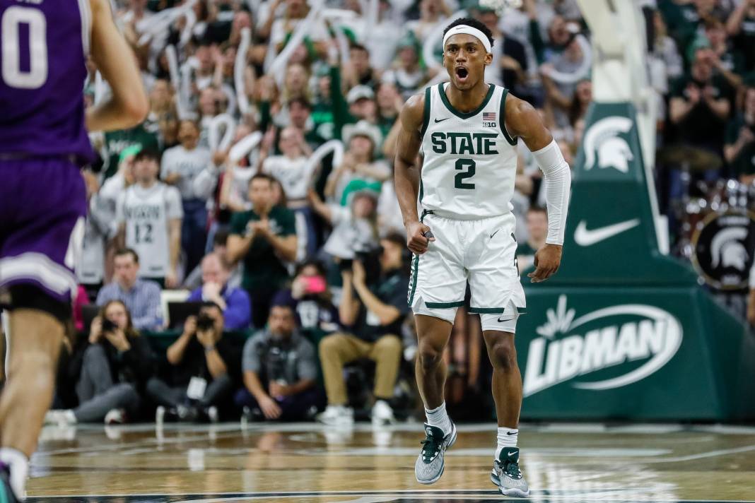 Michigan State guard Tyson Walker (2) celebrates a play against Northwestern during the second half at Breslin Center in East Lansing