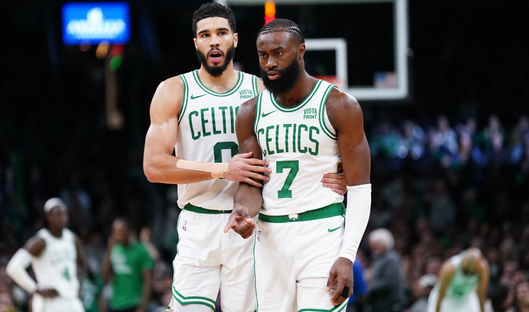 Boston Celtics forward Jayson Tatum and guard Jaylen Brown on the court against the Cleveland Cavaliers in the second half at TD Garden.