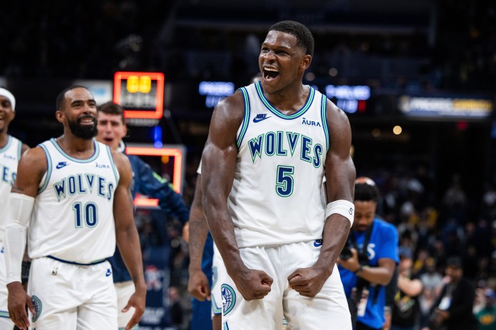 Minnesota Timberwolves guard Anthony Edwards celebrates the win over Indiana Pacers at Gainbridge Fieldhouse.