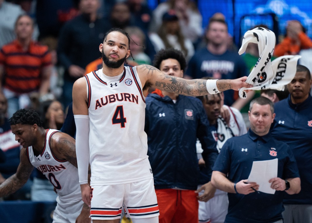 Auburn Tigers forward Johni Broome cheers on his teammate, as he exits the game during the SEC Men's Basketball Tournament Championship.