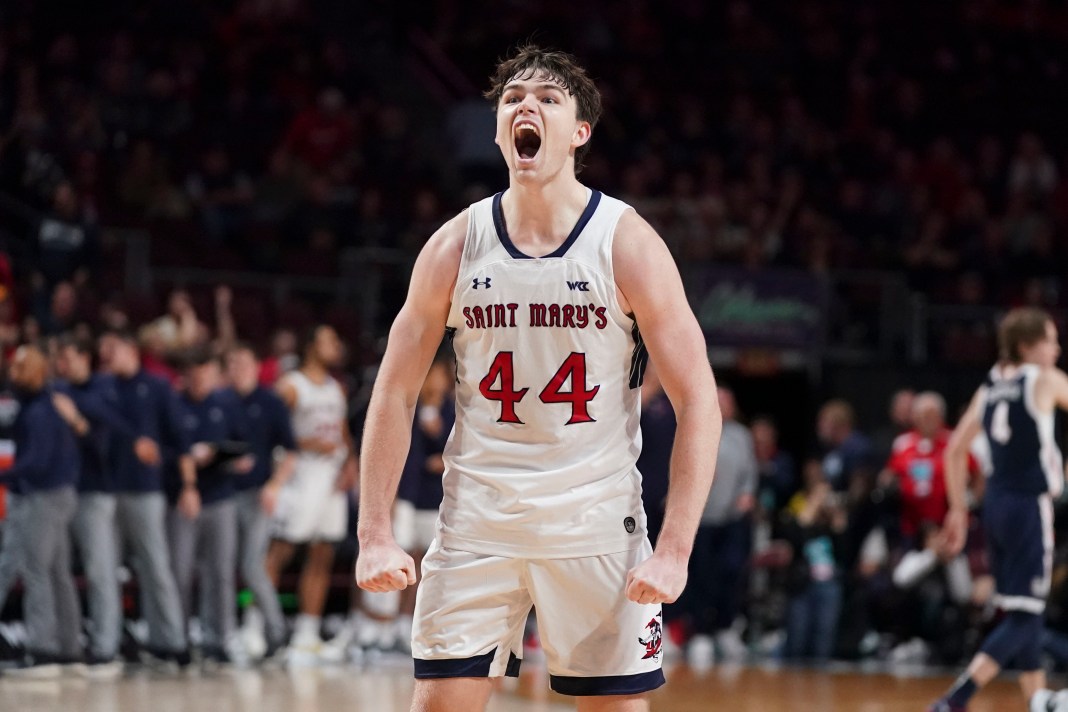 Saint Mary's Gaels guard Alex Ducas (44) celebrates against the Gonzaga Bulldogs