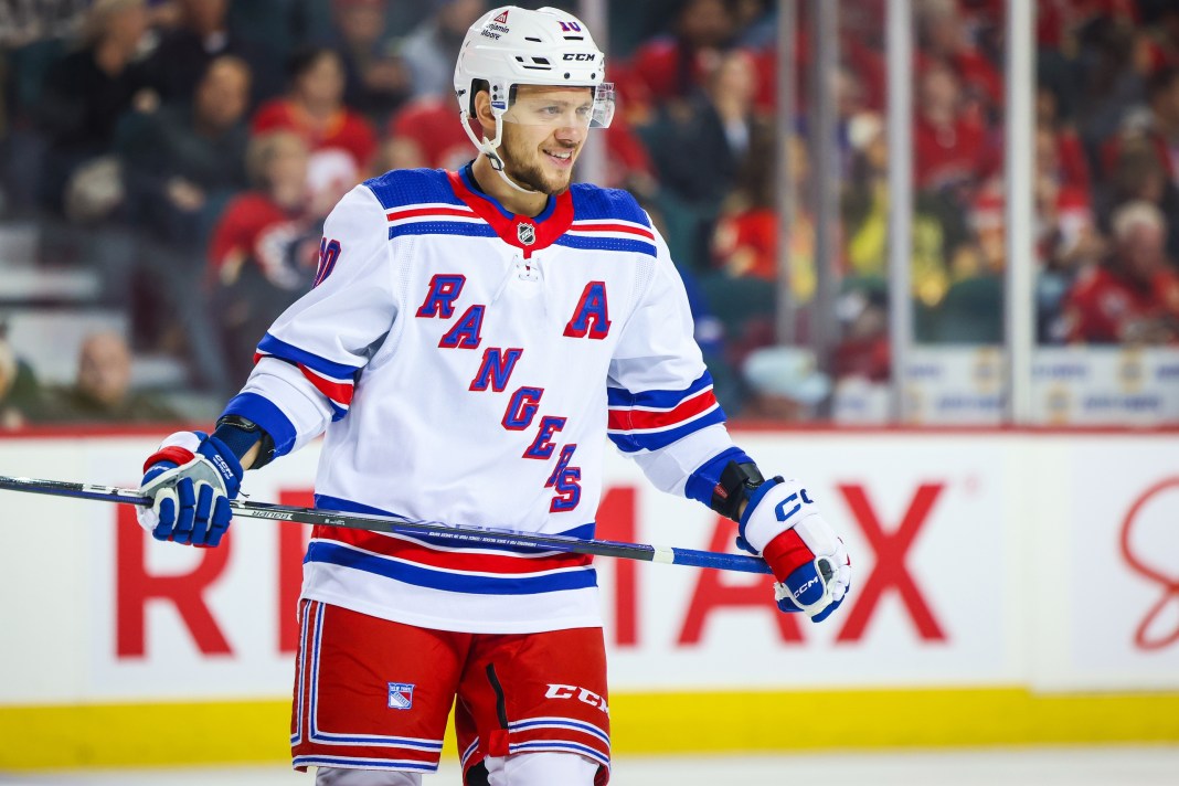 New York Rangers left wing Artemi Panarin reacts during the second period against the Calgary Flames at Scotiabank Saddledome.