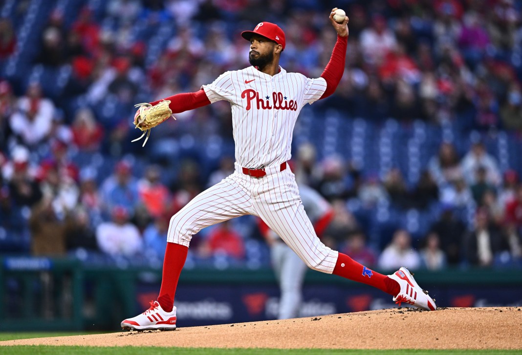 Philadelphia Phillies starting pitcher Cristopher Sanchez throws a pitch against the Cincinnati Reds in the first inning.