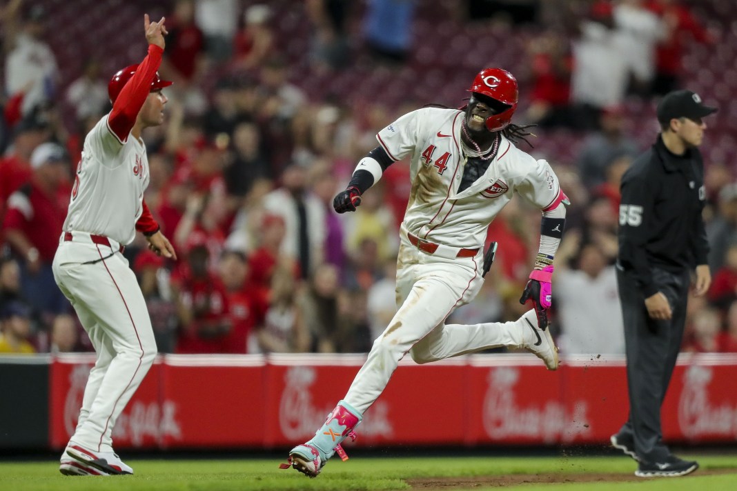 Cincinnati Reds shortstop Elly De La Cruz (44) runs the bases after hitting an inside-the-park home run in the seventh inning against the Milwaukee Brewers at Great American Ball Park.