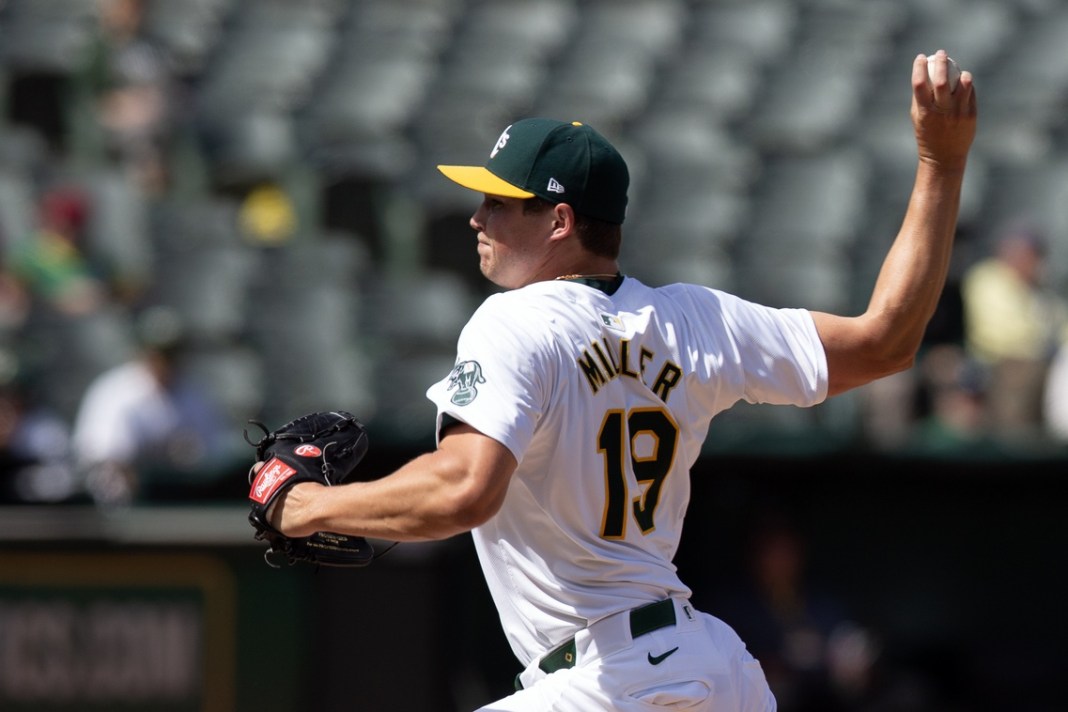 Oakland Athletics pitcher Mason Miller delivers a pitch against the St. Louis Cardinals.