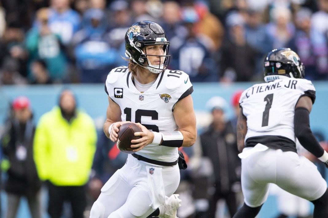 Jacksonville Jaguars quarterback Trevor Lawrence stands in the pocket against the Tennessee Titans during the first half at Nissan Stadium.