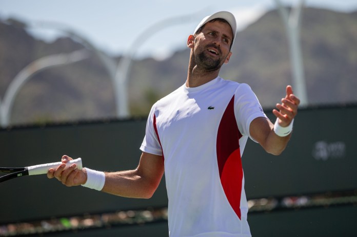 Novak Djokovic shrugs off a moment during a session on Practice Court 2 at the BNP Paribas Open in Indian Wells, Calif., Mar. 6, 2024.