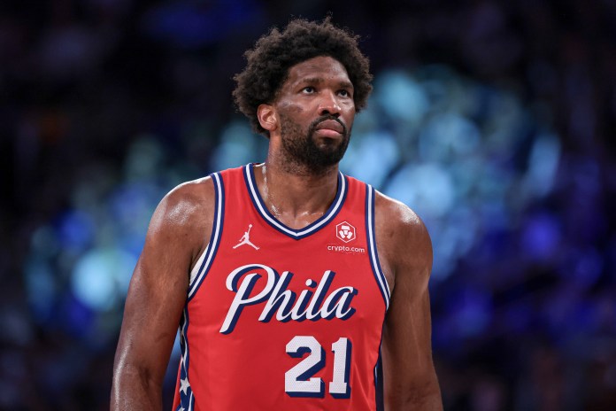 Philadelphia 76ers center Joel Embiid (21) look up during the second half during game two of the first round for the 2024 NBA playoffs