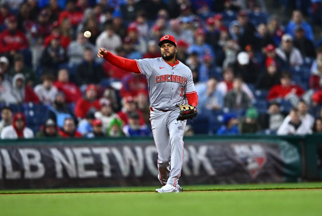 Cincinnati Reds third baseman Jeimer Candelario (3) throws to first against the Philadelphia Phillies in the third inning at Citizens Bank Park