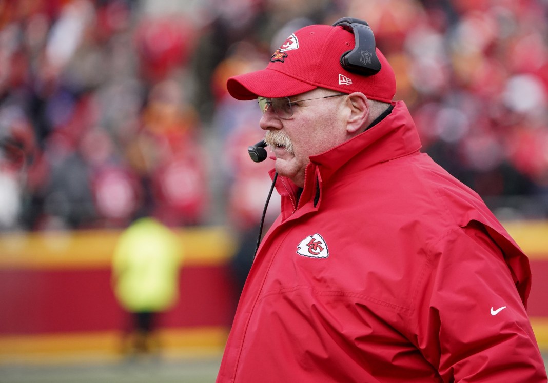 Kansas City Chiefs head coach Andy Reid watches play against the Seattle Seahawks during the second half at GEHA Field at Arrowhead Stadium