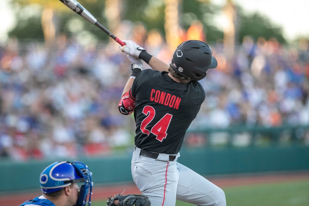 Georgia's first baseman Charlie Condon strikes a home run on the Gators at Condron Family Baseball Park.