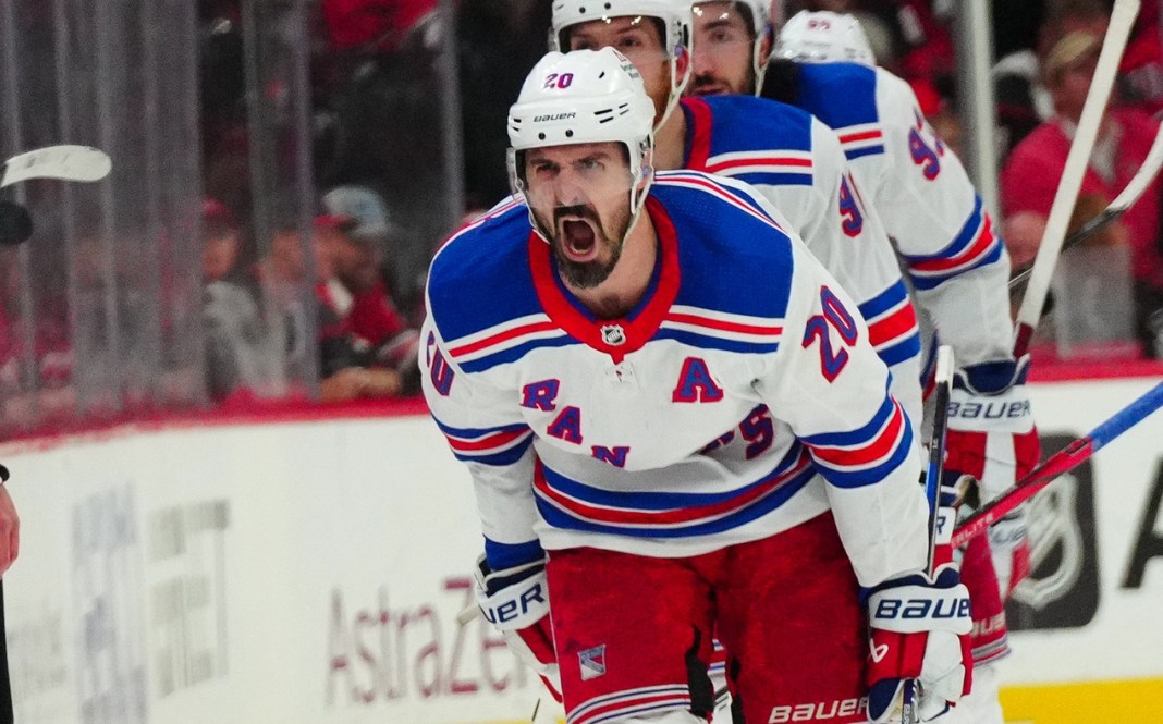 New York Rangers left wing Chris Kreider (20) celebrates his goal against the Carolina Hurricanes during the third period in game six of the second round of the 2024 Stanley Cup Playoffs