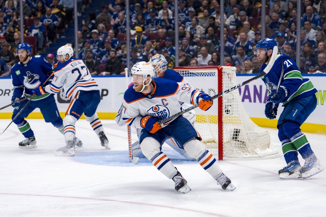 Edmonton Oilers forward Connor McDavid (97) skates against the Vancouver Canucks