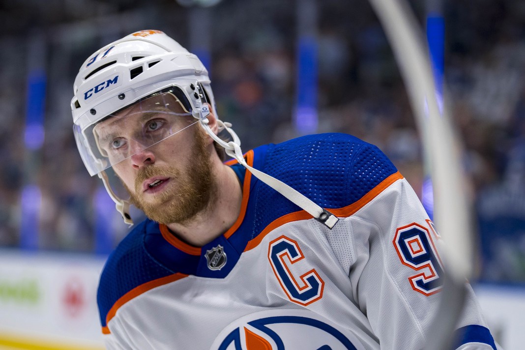 Edmonton Oilers forward Connor McDavid (97) skates in warm up prior to game one of the second round of the 2024 Stanley Cup Playoffs