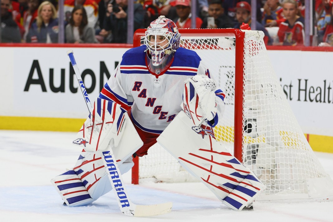 New York Rangers goaltender Igor Shesterkin guards against the Florida Panthers during the 2024 Stanley Cup Playoffs at Amerant Bank Arena.