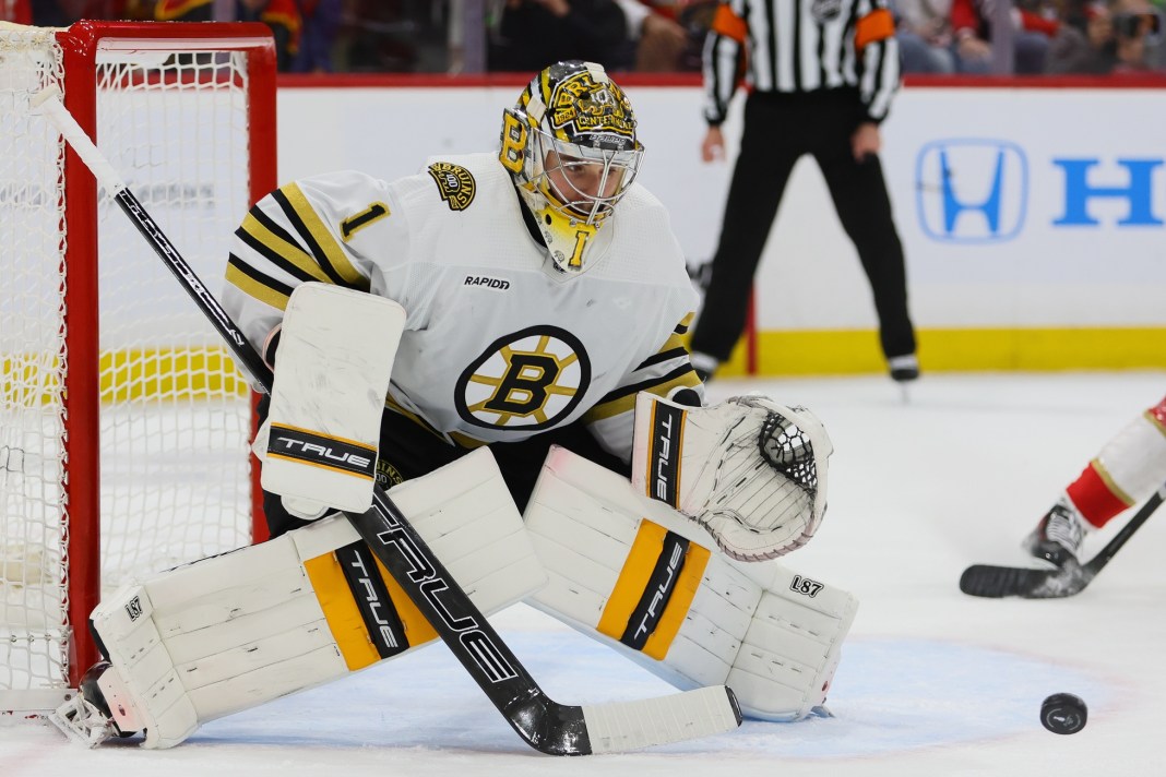 Boston Bruins goaltender Jeremy Swayman (1) defends his net against the Florida Panthers during the second period in game one of the second round of the 2024 Stanley Cup Playoffs