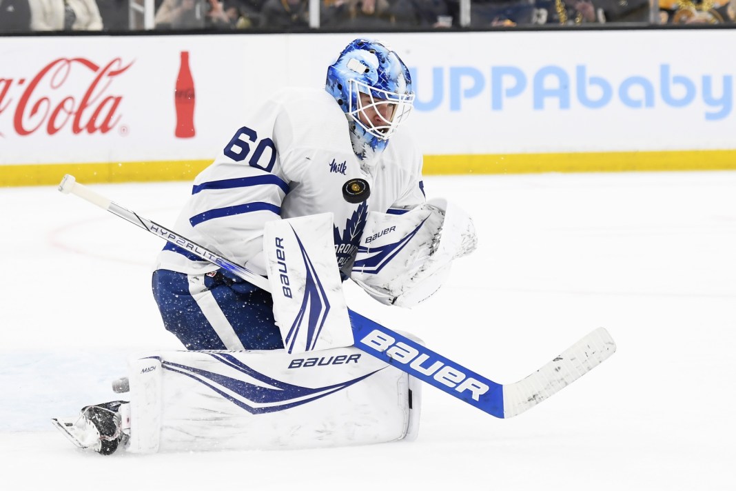 Toronto Maple Leafs goaltender Joseph Woll (60) makes a save during the third period in game five of the first round of the 2024 Stanley Cup Playoffs