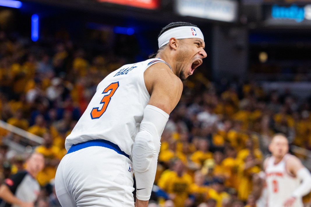 Knicks' Josh Hart reacts to a made basket in the 2024 NBA playoffs against the Pacers.