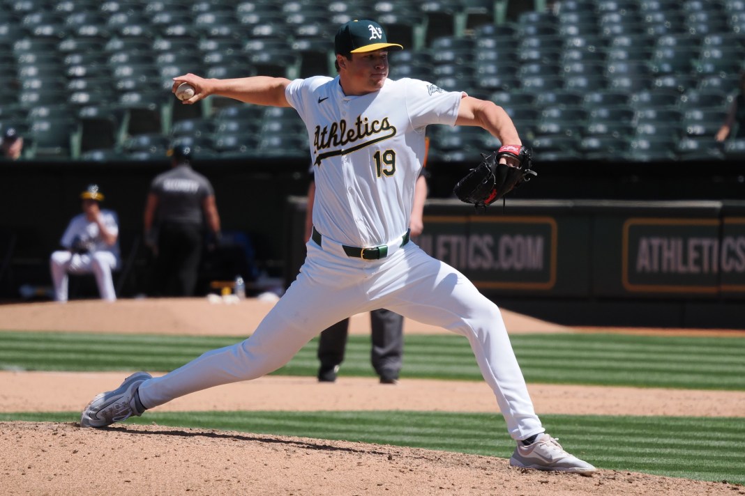 Oakland Athletics' Mason Miller pitches against the Pittsburgh Pirates.