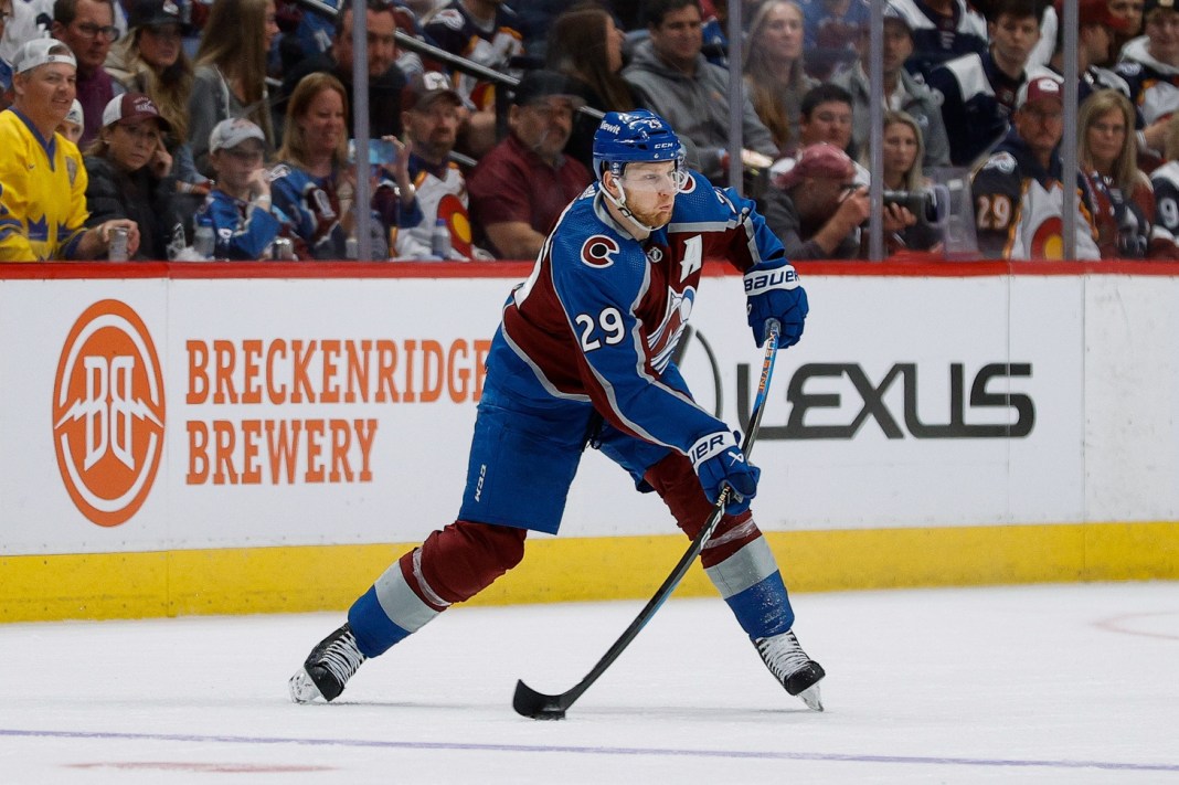 Colorado Avalanche center Nathan MacKinnon skates against the Dallas Stars during the first period at the American Airlines Center.