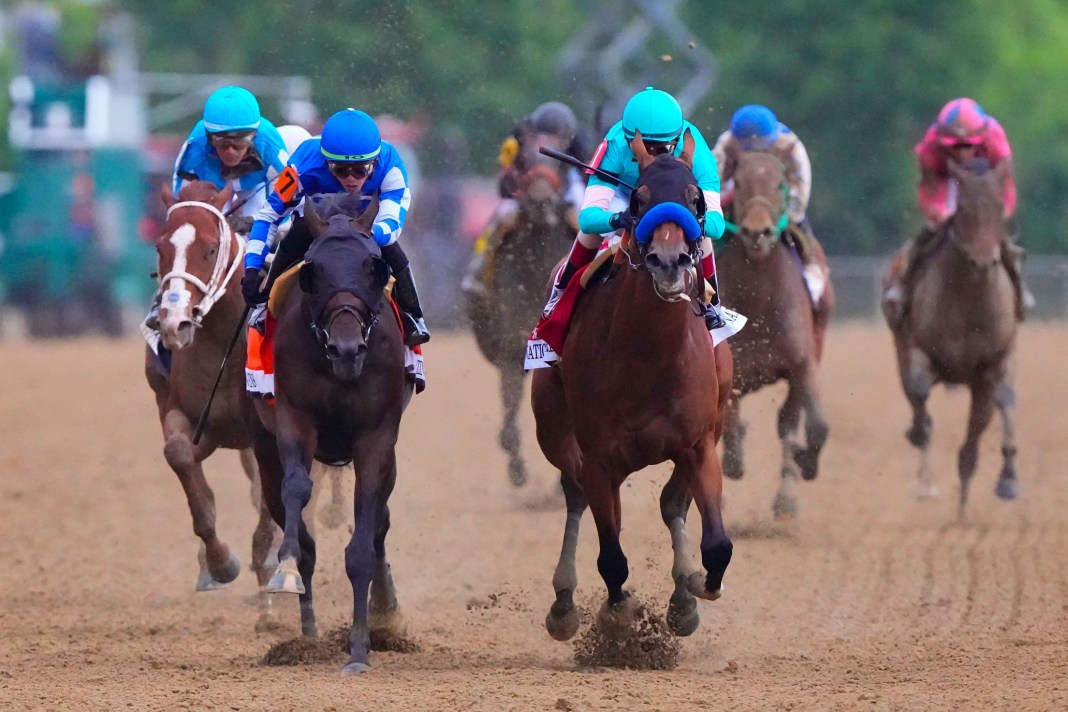 National Treasure with John R. Velazquez up (1) wins the Preakness Stakes over Blazing Sevens with Irad Ortiz, Jr. up (7) at Pimlico Race Course